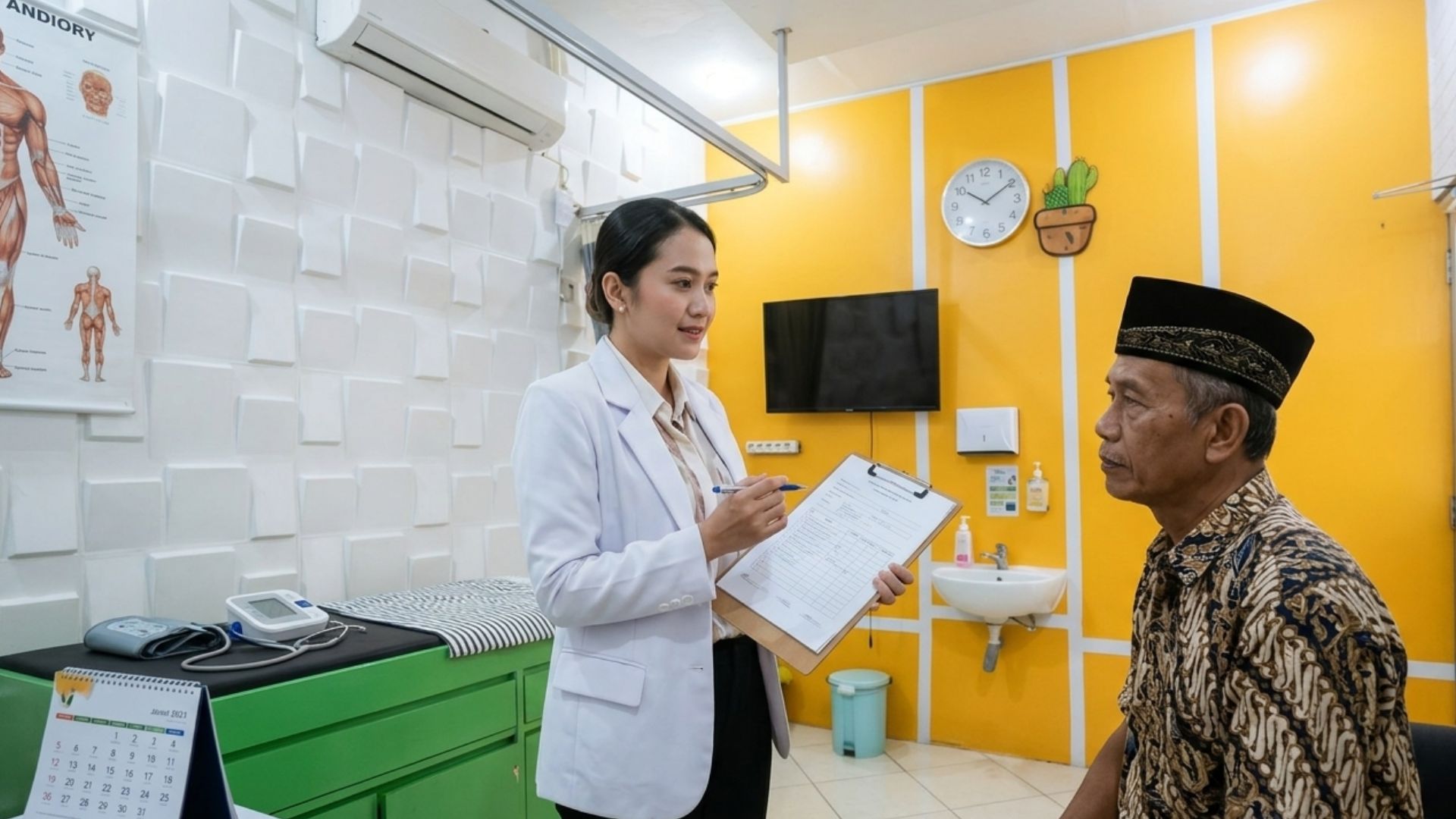 Dokter menjelaskan hasil pemeriksaan fisik kepada pasien di klinik sebagai edukasi kapan harus melakukan pemeriksaan kesehatan