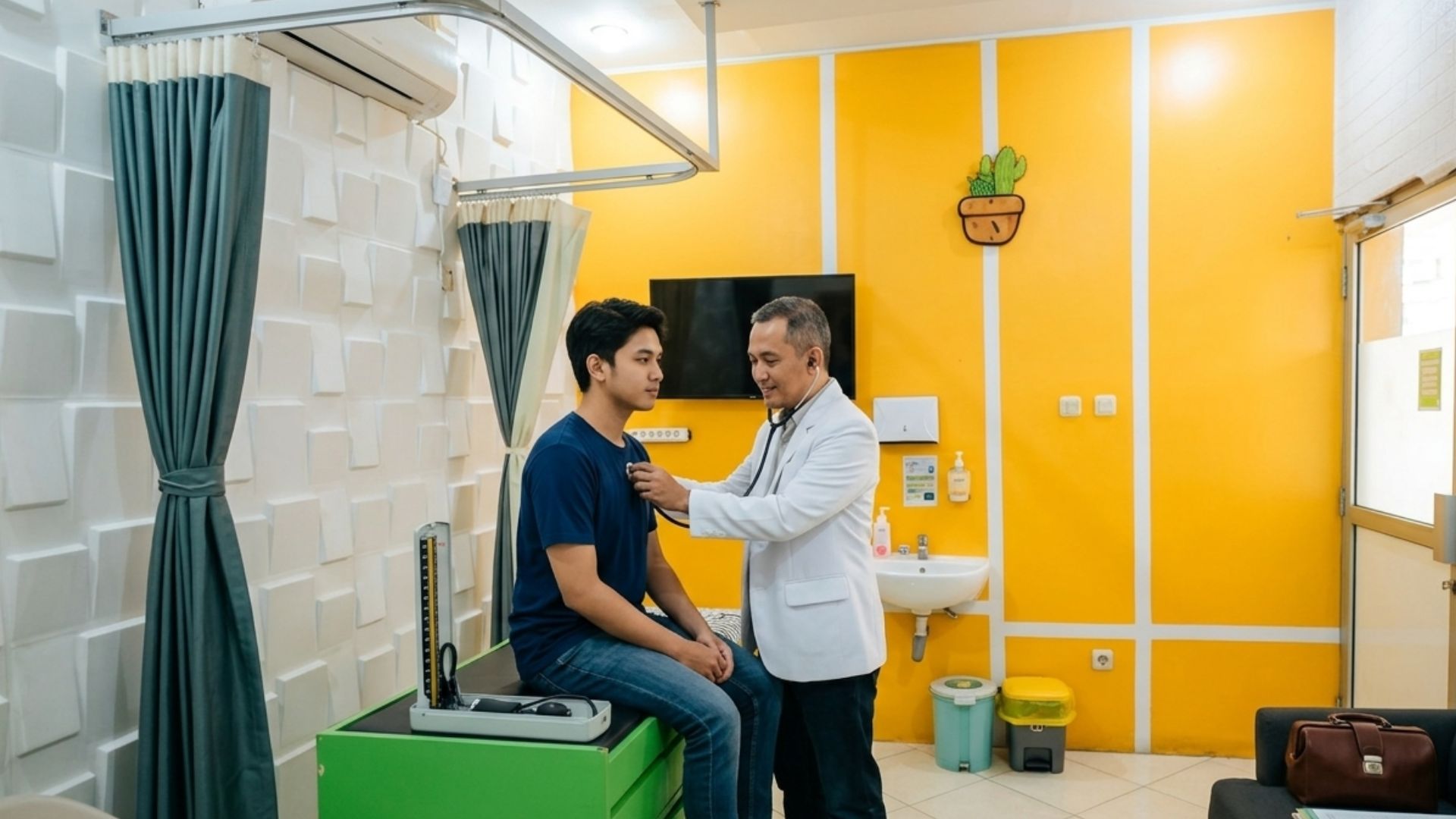 Dokter melakukan pemeriksaan fisik kepada pasien di ruang klinik untuk deteksi dini penyakit