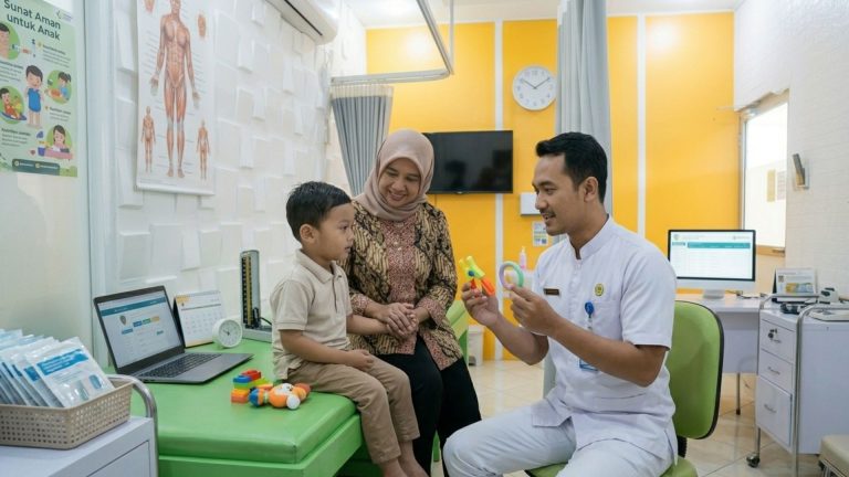 Dokter menjelaskan prosedur sunat modern kepada anak dengan suasana klinik yang nyaman