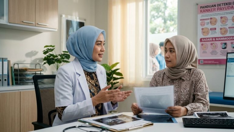 Dokter wanita Indonesia menjelaskan hasil pemeriksaan kanker payudara kepada pasien di ruang konsultasi klinik