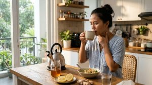Wanita Indonesia minum teh hangat untuk meredakan sakit tenggorokan secara alami