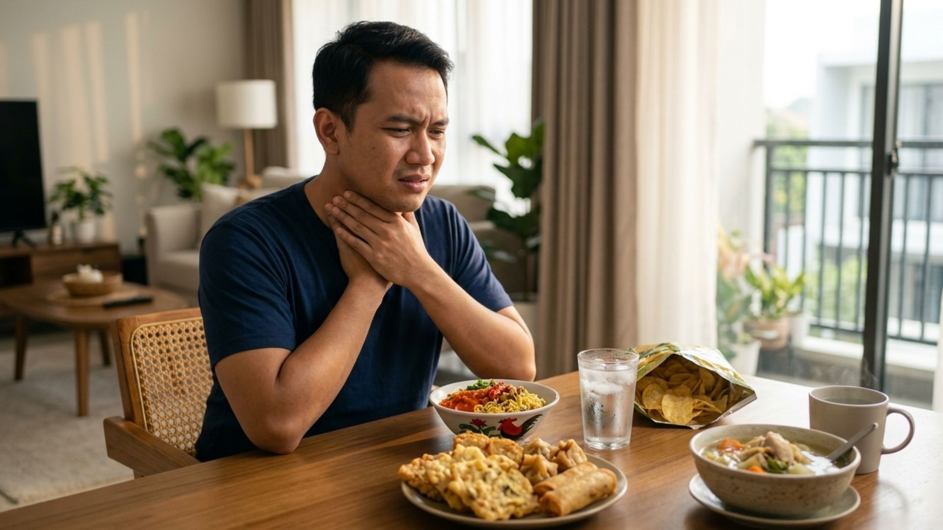 Pria Indonesia menghindari makanan pedas dan gorengan saat sakit tenggorokan