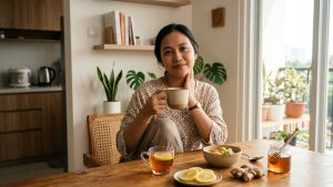 Wanita Indonesia minum teh hangat untuk membantu meredakan sakit tenggorokan