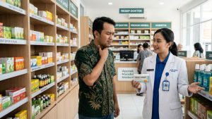 Pria Indonesia berkonsultasi tentang obat sakit tenggorokan di apotek modern