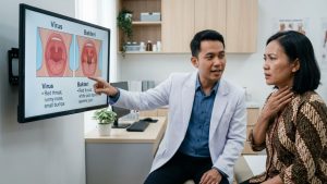 Dokter Indonesia menjelaskan perbedaan sakit tenggorokan karena virus dan bakteri kepada pasien
