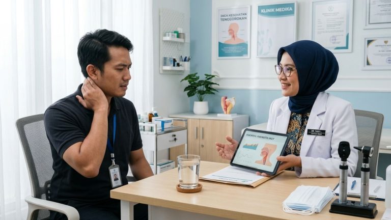Pasien pria Indonesia berkonsultasi dengan dokter karena sakit tenggorokan di klinik modern