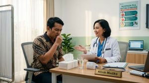 Dokter Indonesia sedang memeriksa pasien yang mengalami sakit tenggorokan saat flu dan batuk di klinik modern.