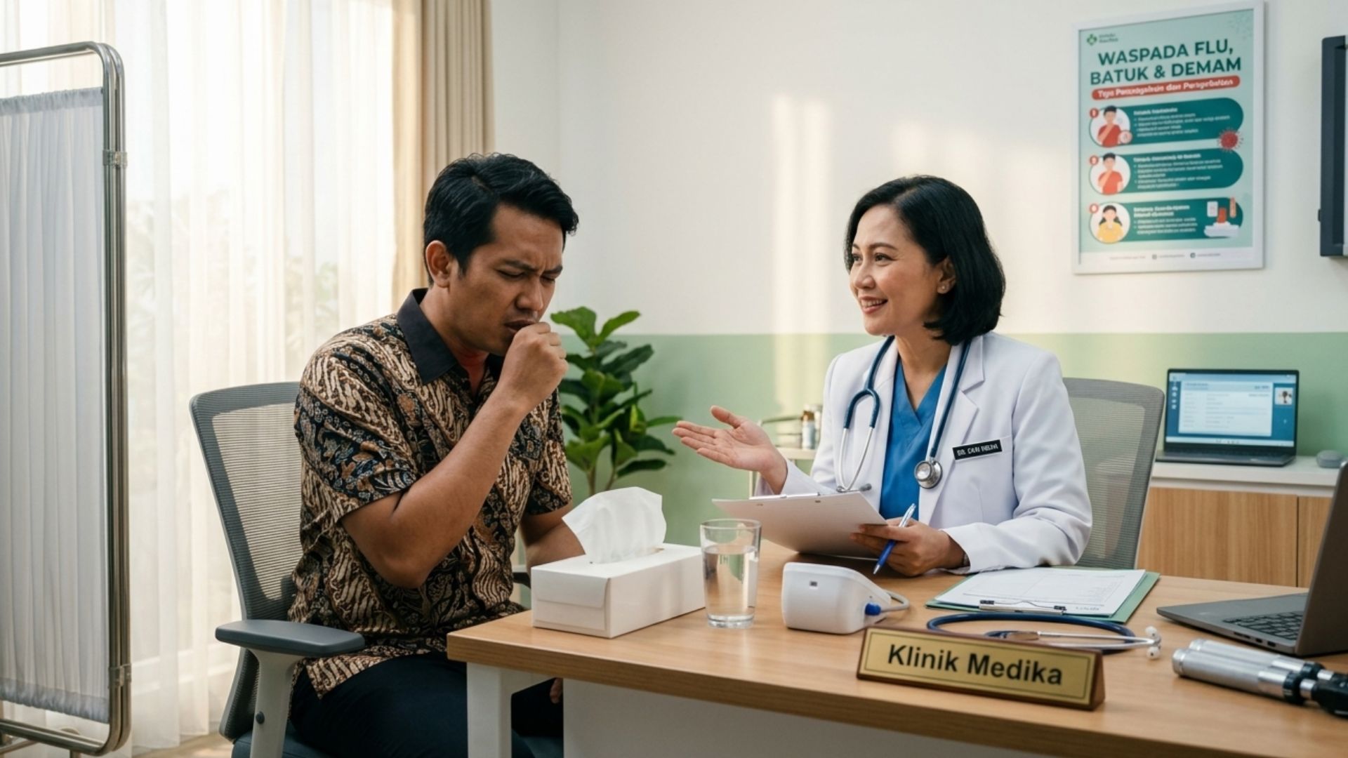 Dokter Indonesia sedang memeriksa pasien yang mengalami sakit tenggorokan saat flu dan batuk di klinik modern.