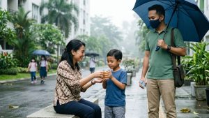 Keluarga Indonesia menjaga kesehatan tenggorokan saat cuaca tidak menentu dengan minuman hangat dan penggunaan masker.