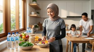 Wanita Indonesia menerapkan gaya hidup sehat dengan menyiapkan makanan bergizi untuk menjaga kesehatan tubuh