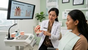 Dokter gigi Indonesia menjelaskan cara mengatasi gigi berlubang kepada pasien melalui pemeriksaan dan konsultasi di klinik gigi.