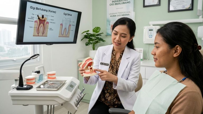 Dokter gigi Indonesia menjelaskan cara mengatasi gigi berlubang kepada pasien melalui pemeriksaan dan konsultasi di klinik gigi.