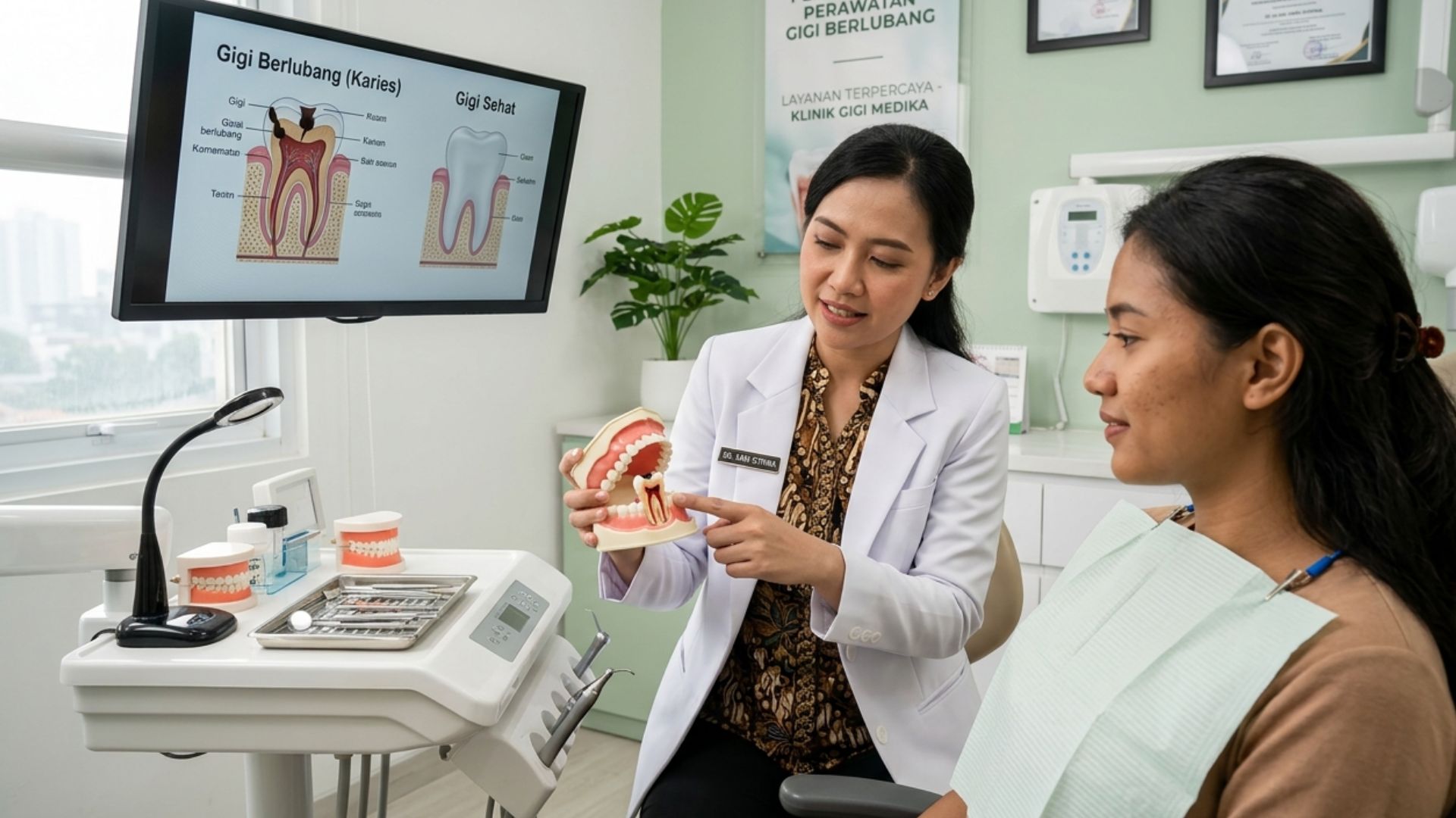 Dokter gigi Indonesia menjelaskan cara mengatasi gigi berlubang kepada pasien melalui pemeriksaan dan konsultasi di klinik gigi.