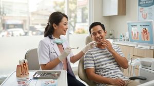 Dokter gigi Indonesia melakukan pemeriksaan gigi pasien untuk mencegah dan mengatasi gigi berlubang di klinik.