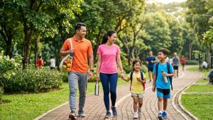 Keluarga Indonesia menjaga kebugaran tubuh saat long weekend dengan berjalan santai di taman.