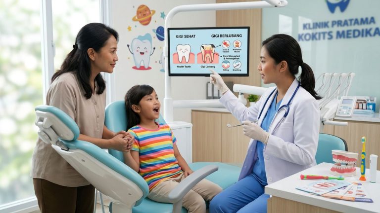Dokter gigi Indonesia memeriksa gigi anak yang mengalami gigi berlubang dengan pendampingan orang tua di klinik gigi modern.