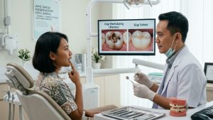 Dokter gigi Indonesia melakukan pemeriksaan pasien untuk mengetahui tanda-tanda gigi berlubang sejak dini di klinik.