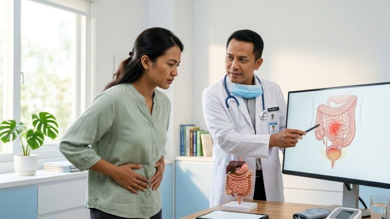 Dokter Indonesia menjelaskan penyebab nyeri perut bagian bawah kepada pasien wanita di ruang konsultasi klinik modern.