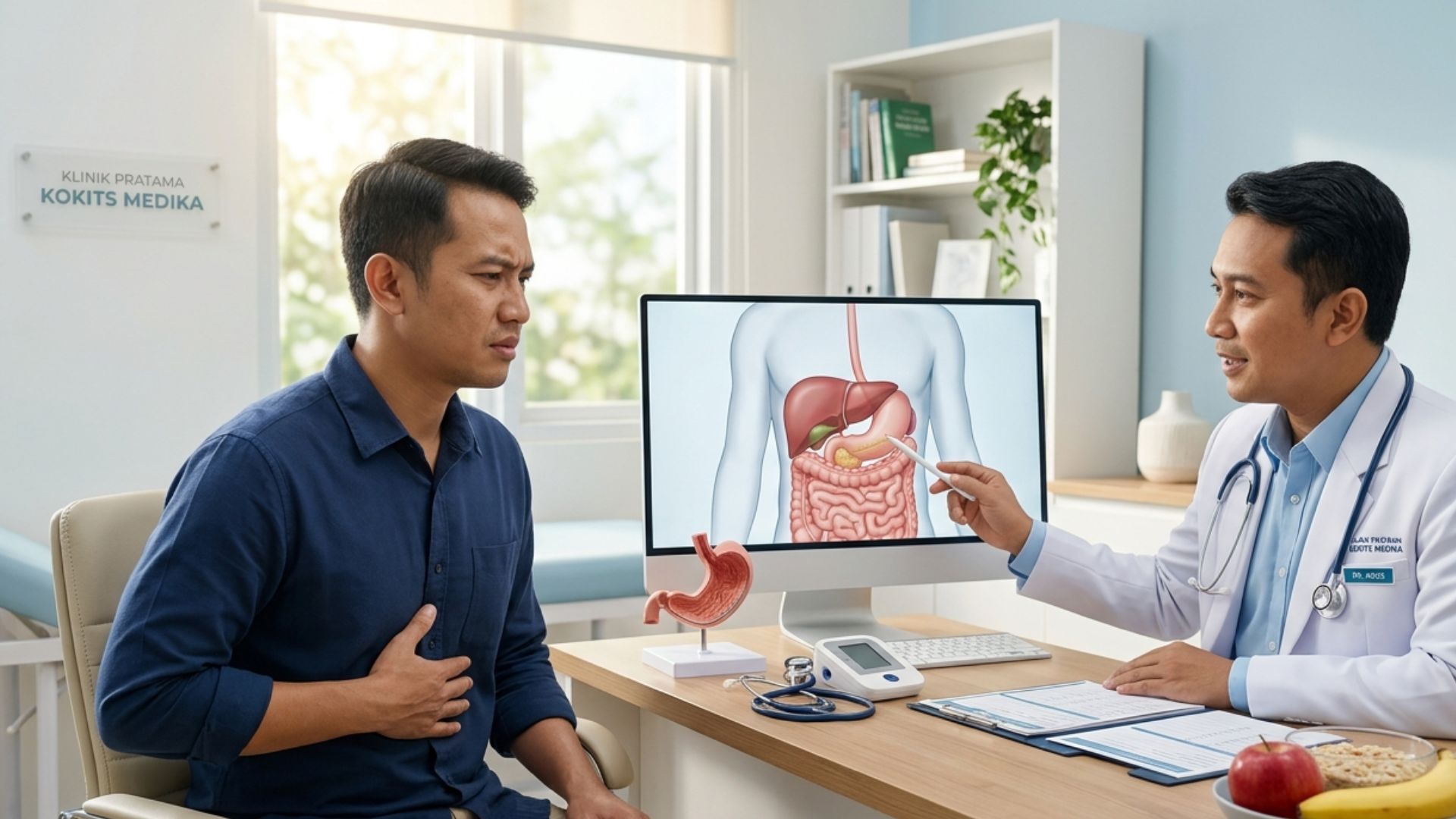 Dokter Indonesia menjelaskan penyebab nyeri di sekitar ulu hati kepada pasien pria menggunakan ilustrasi anatomi lambung di ruang konsultasi klinik modern.