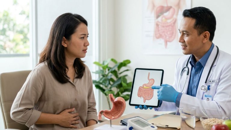 Dokter Indonesia memberikan konsultasi kepada pasien yang mengalami nyeri perut di ruang pemeriksaan klinik modern.
